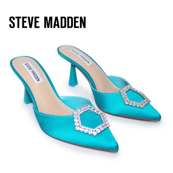Steve Madden Shoes - New! STEVE MADDEN Luxe City Embellished Satin Heeled Mules in Teal